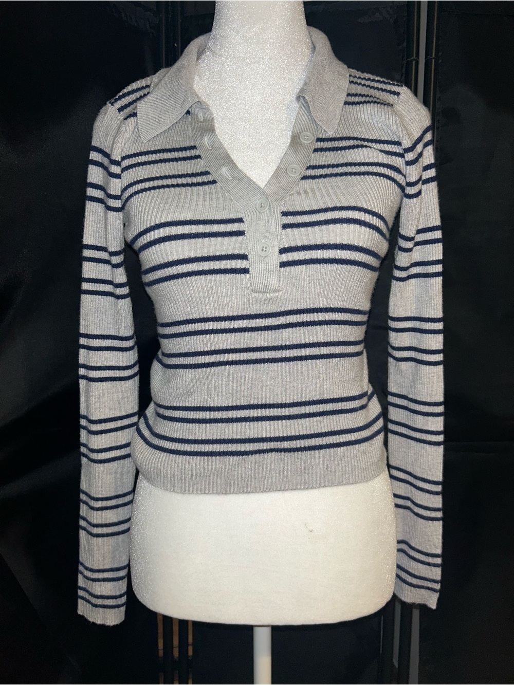 Grey and navy striped v-neck sweater!